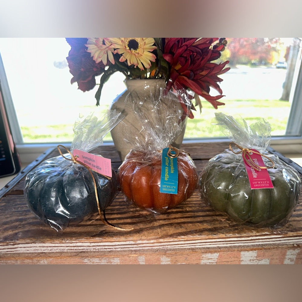 Target Set of Three Pumpkin Unscented Pillar Candles - NWT -Beautiful